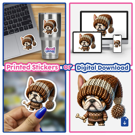 Collage featuring the Bulldog Gnome Holding Dog Bone as stickers or digital artwork, highlighting a cartoon dog in a knit hat with a bone, and other related designs.