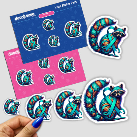 Raccoon Teal Ribbon Ovarian Cancer Awareness sticker featuring a cartoon raccoon adorned with a teal ribbon, emphasizing support for ovarian cancer awareness. Available as a sticker or digital artwork.