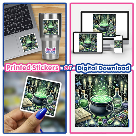 Witch's Brew - Cauldron with Bubbling Potion Watercolor sticker on a laptop, featuring a magical cauldron with green bubbles.