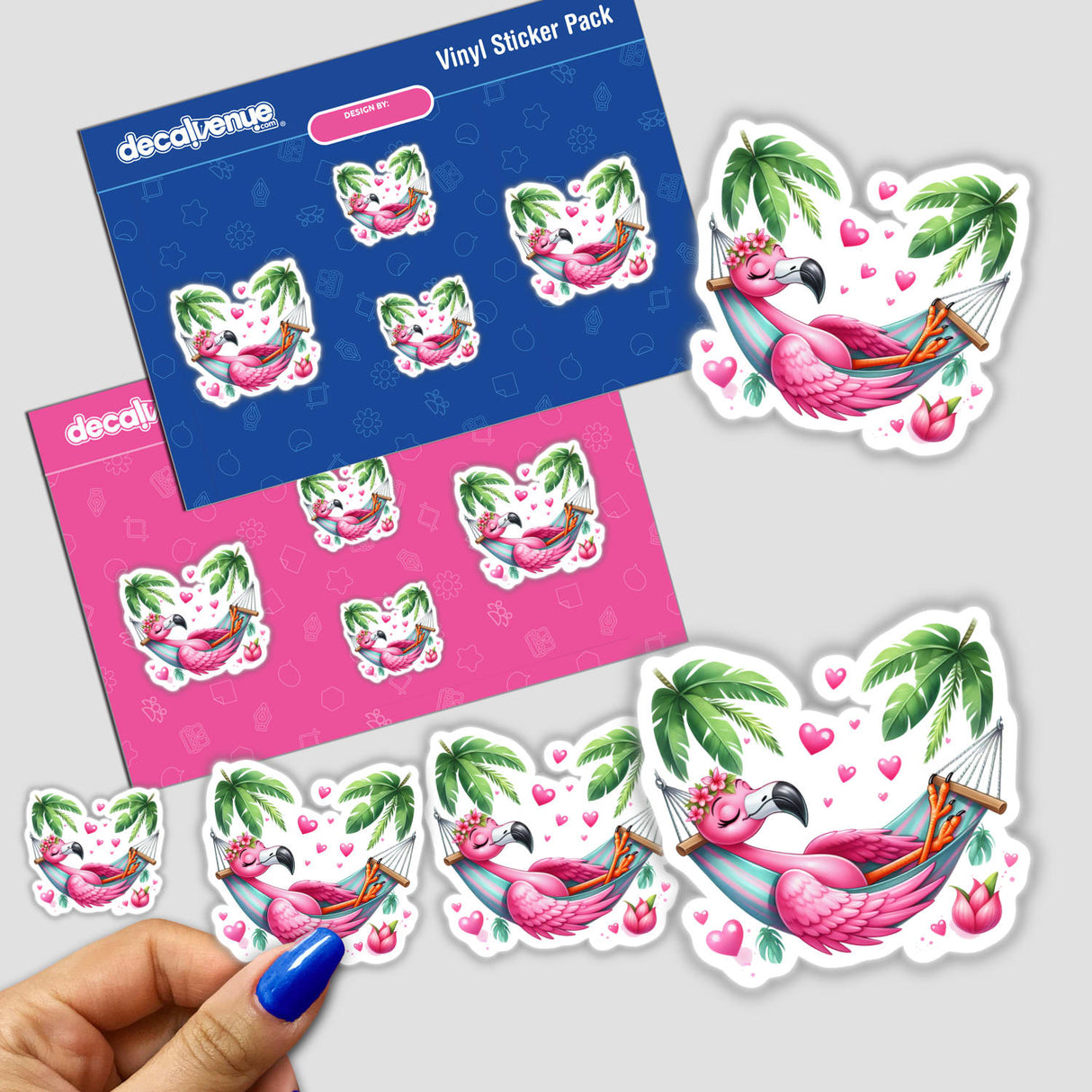 Whimsical flamingo stickers on a tropical backdrop, featuring a flamingo relaxing in a hammock amid palm trees. The stickers showcase the flamingo's vibrant pink plumage and playful expressions, creating a fun and lively design.