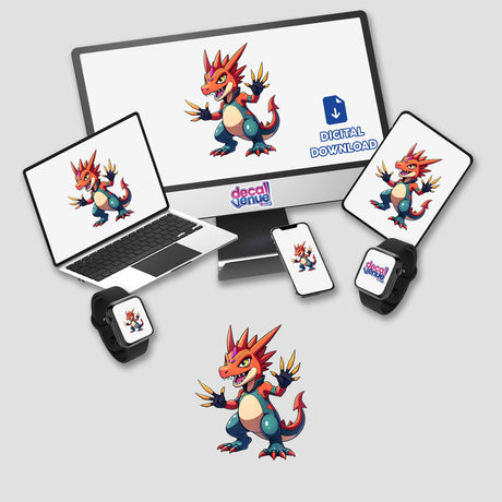 Dino Fighter - Cretaceous Crusher displayed on a computer monitor and laptop screen, showcasing a cartoon dragon character, available as stickers or digital artwork from Decal Venue.