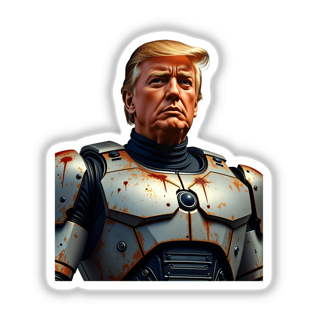 Futuristic President Donald Trump depicted as a superhero in armor, available as unique stickers or digital artwork from Decal Venue.