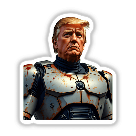 Futuristic President Donald Trump depicted as a superhero in armor, available as unique stickers or digital artwork from Decal Venue.