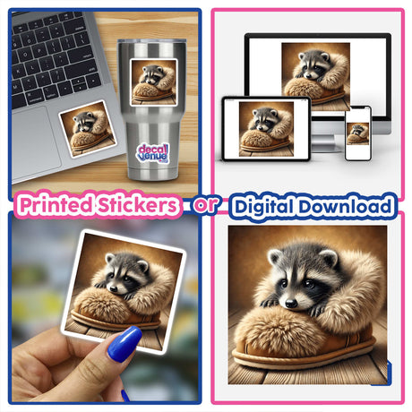 Baby Raccoon in Fluffy Slipper digital artwork collage featuring laptops and phones, showcasing a raccoon nestled in a fluffy slipper, perfect as stickers or digital art.