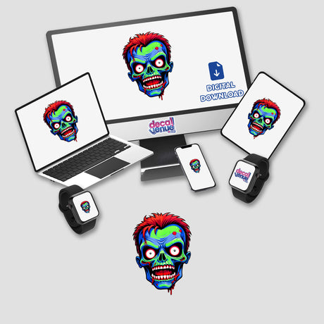 Cartoon of a Cool Neon Punk Zombie Skull featured on a computer monitor and laptop, available as stickers or digital artwork, showcasing Decal Venue's unique vinyl stickers and digital art offerings.