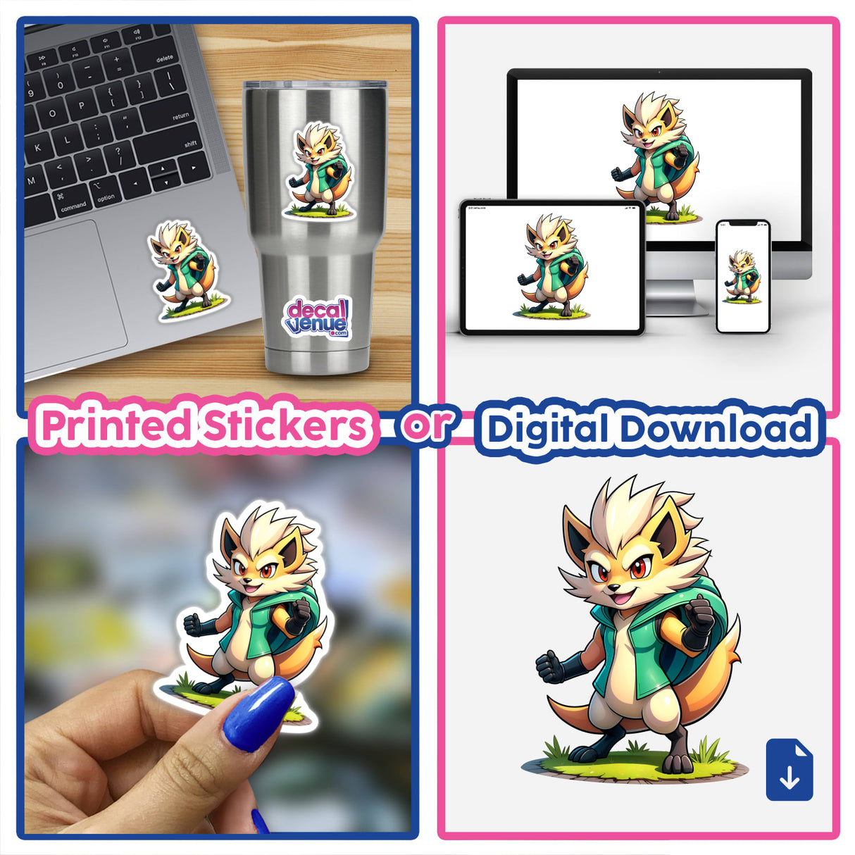 Collage featuring Furry Fighter - Shadow Striker The Hedgehog as a cartoon character on laptops and screens, available as unique stickers or digital artwork from Decal Venue.