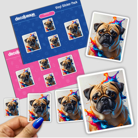 A Cute Pug - Animal Portrait sticker featuring a pug with colorful paint splashes, capturing a playful and artistic design available as stickers or digital artwork.