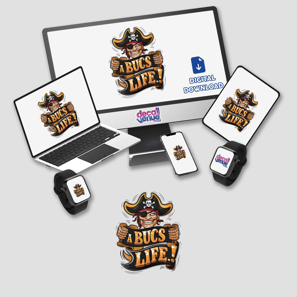 Vibrant digital artwork of a pirate-themed character with the text "A Bucs Life" displayed on various electronic devices, including a laptop, smartphone, and smartwatch. The image showcases the product placement across multiple digital platforms, highlighting its versatility and appeal. The product is a digital artwork created by the brand "Ella Designz" and available through the "Decal Venue" store, which specializes in unique stickers and digital art.