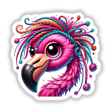 Flamingo with Yarn Hair cartoon illustration, featuring whimsical yarn-textured hair, perfect as versatile stickers or digital artwork from Decal Venue, known for unique vinyl stickers and digital art.