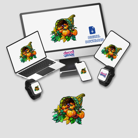 Cornucopia Stained Glass Style depicted on a computer monitor and laptop screen, showcasing a digital artwork available as stickers or digital art from Decal Venue.