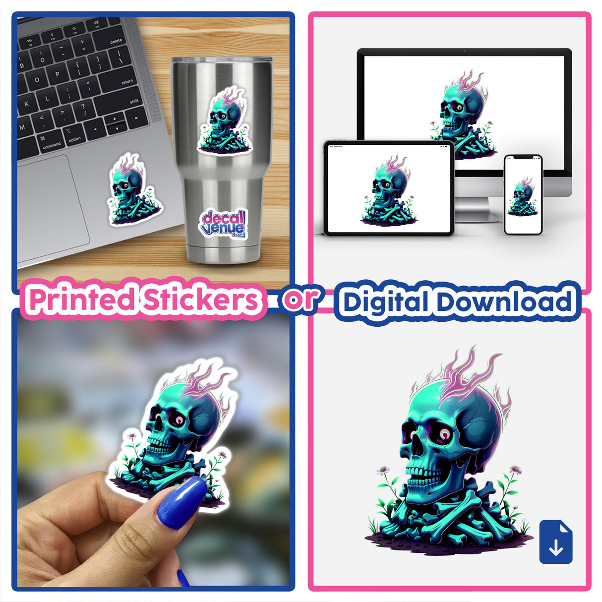 Collage featuring 'A Skull And Bones On Fire' sticker, showcasing a blue skull with pink flames and flowers, displayed on various items like a cup and a laptop.
