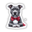 Adorable gray Pitbull dog wearing a red bow tie, sitting with paws on the ground and a heart-shaped object next to it in the Decal Venue digital artwork