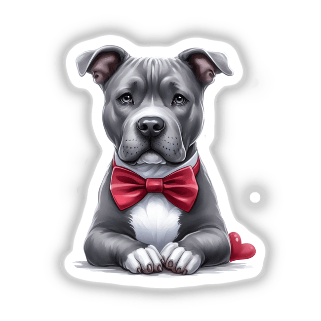 Adorable gray Pitbull dog wearing a red bow tie, sitting with paws on the ground and a heart-shaped object next to it in the Decal Venue digital artwork