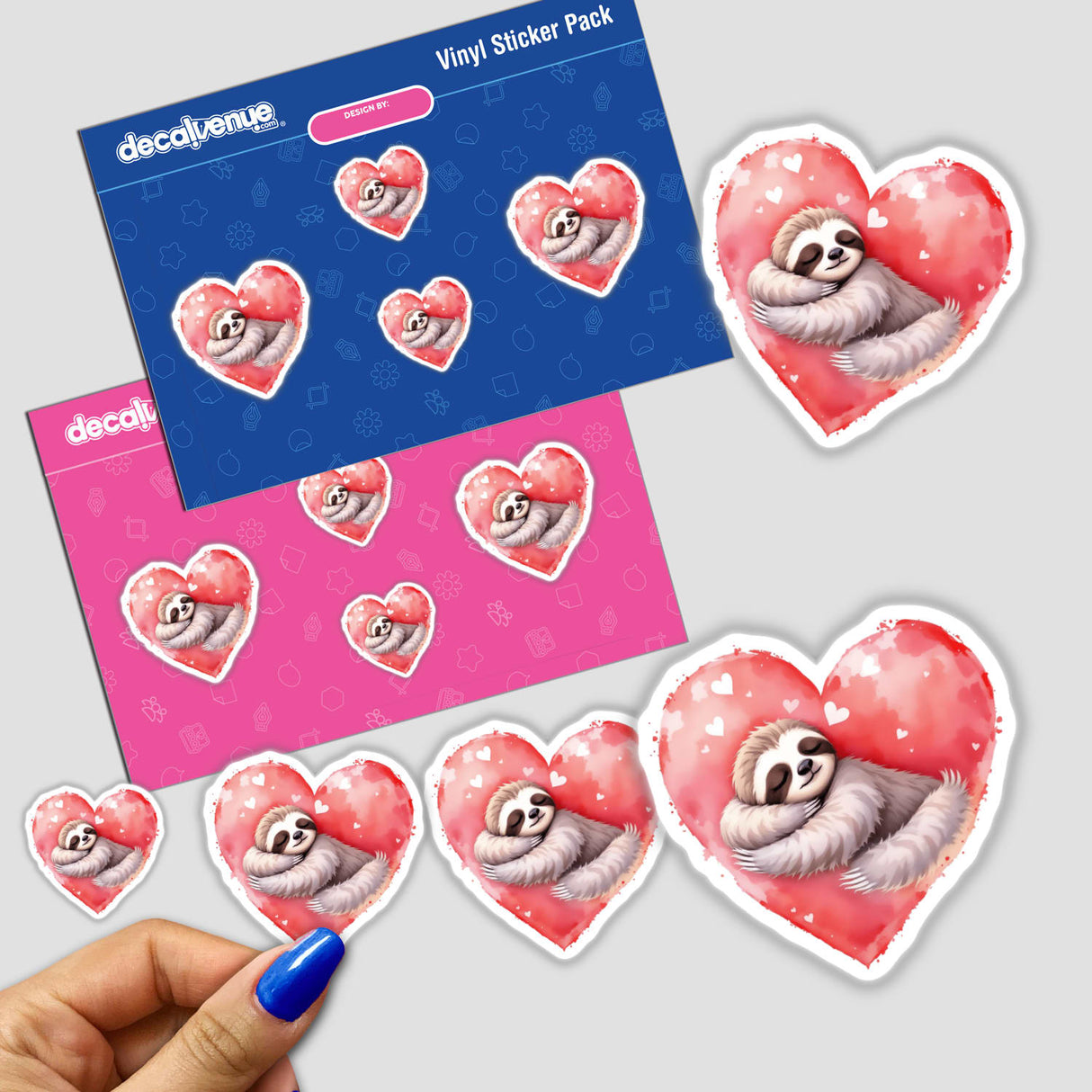 Watercolor Sleeping Sloth on a Heart sticker, depicting a cartoon sloth cuddling a heart, ideal for adding charm to surfaces. Perfect for nature and art enthusiasts seeking whimsy.