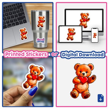 Cute Valentine's Day Teddy Bear stickers featuring cartoon bears holding hearts, displayed on a laptop and cup, available as unique decals or digital artwork from Decal Venue.