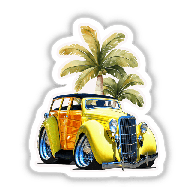Yellow Woodie sticker featuring a classic yellow car with palm trees, emphasizing a black roof and close-up details like headlights and wheels. Available as vinyl stickers or digital artwork.