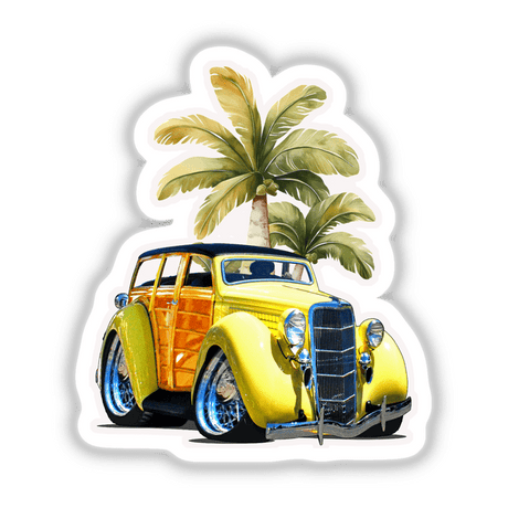 Yellow Woodie sticker featuring a classic yellow car with palm trees, emphasizing a black roof and close-up details like headlights and wheels. Available as vinyl stickers or digital artwork.