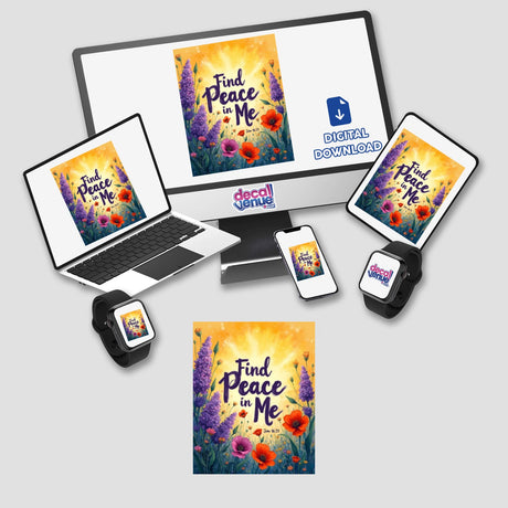 Fauvist Spring Poppy “Find Peace in Me” John 16:33 Sticker or Clipart with Commercial Rights, displayed on a laptop screen amidst various electronic devices, showcasing its vibrant floral design.