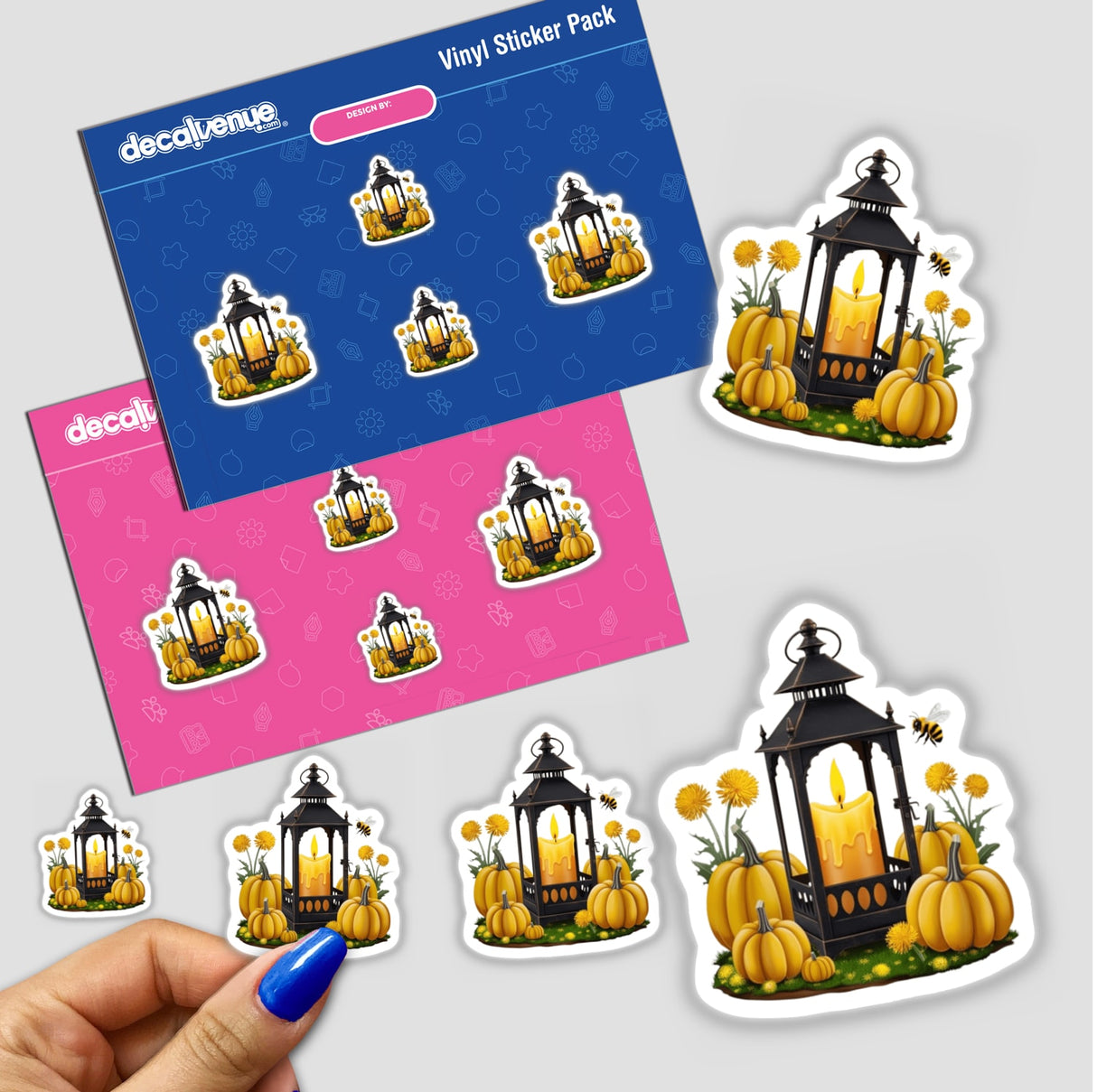 Autumn Lantern Candle Clipart featuring yellow aesthetic pumpkins and flowers, available as stickers or digital artwork for commercial use.