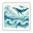 Ocean Dreamscape - Waves and Whales in Watercolor: A whimsical watercolor featuring a whale swimming with fish in a vibrant ocean scene, available as stickers and digital downloads.