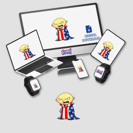 A Funny Guy With An American Flag cartoon character displayed on a computer monitor, laptop, and smartwatch, available as stickers or digital artwork from Decal Venue.