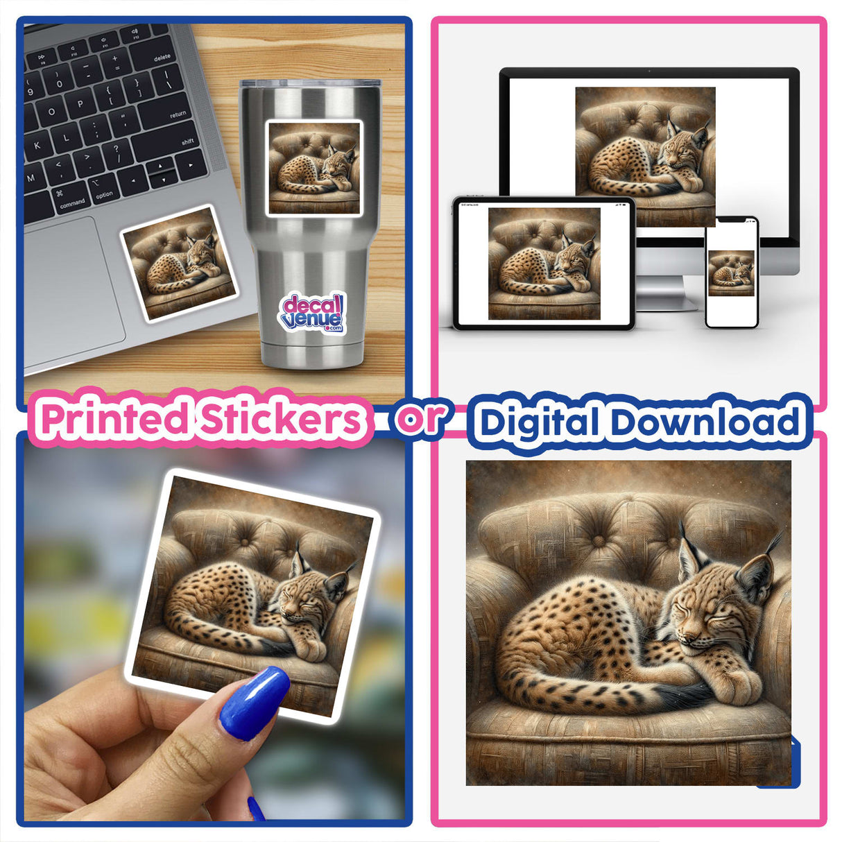 Lynx Cub Curled Up on Cushioned Chair depicted in a collage, available as stickers or digital artwork.