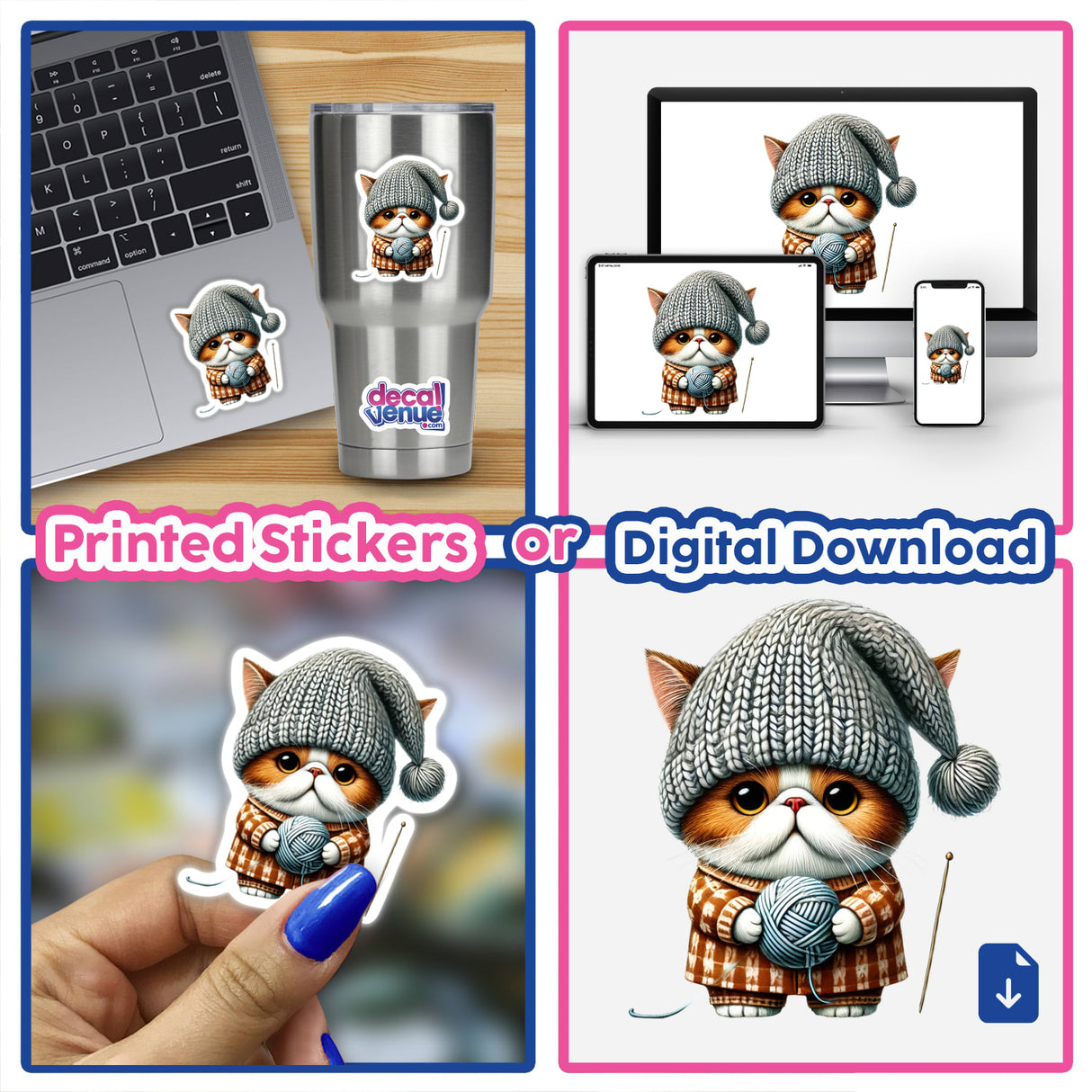 British Shorthair Cat Gnome holding a ball of yarn, wearing a hat and sweater. Available as stickers or digital artwork from Decal Venue.