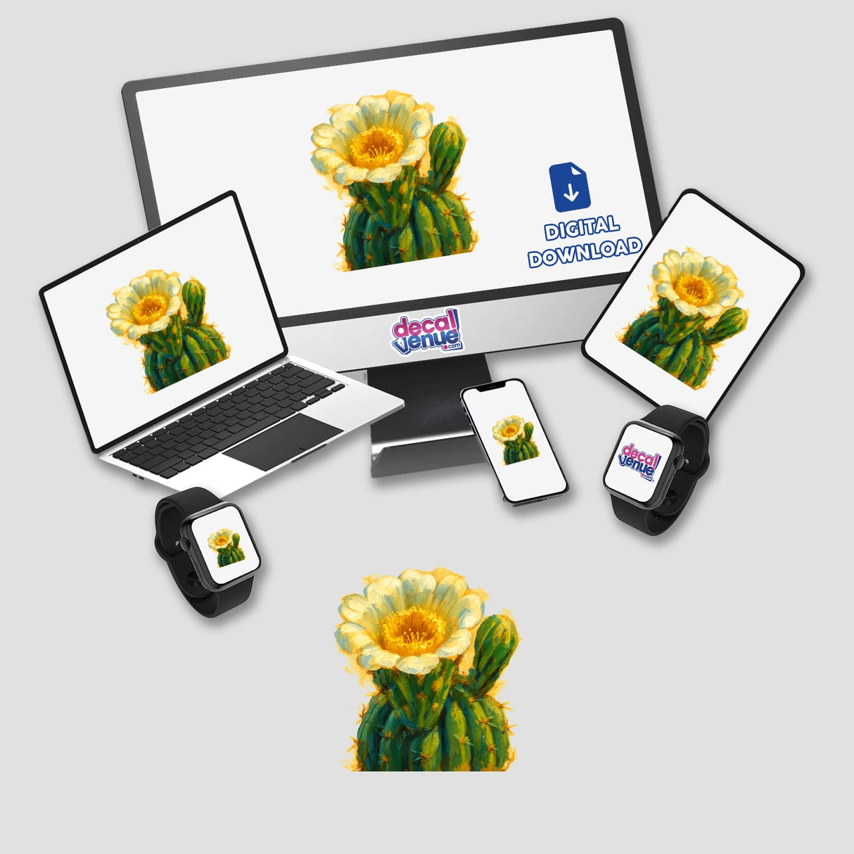 Saguaro Cactus Blossom Sticker or Clipart featuring Arizona's state flower, capturing intricate petal details. Perfect for digital artwork with commercial rights, reflecting Decal Venue's unique vinyl and art collection.
