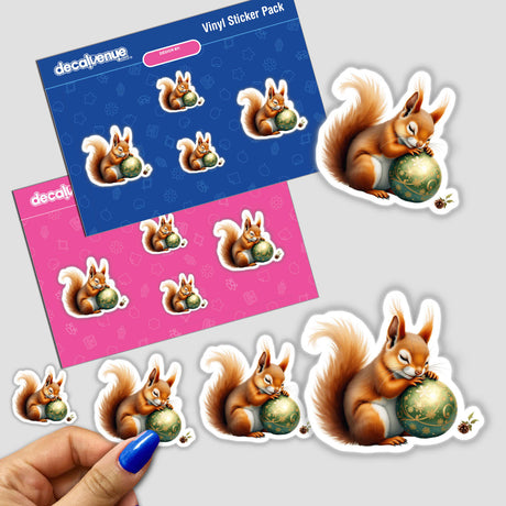 Sticker pack featuring a cartoon squirrel sleeping on a Christmas ornament, part of Decal Venue's unique sticker and digital art collection.