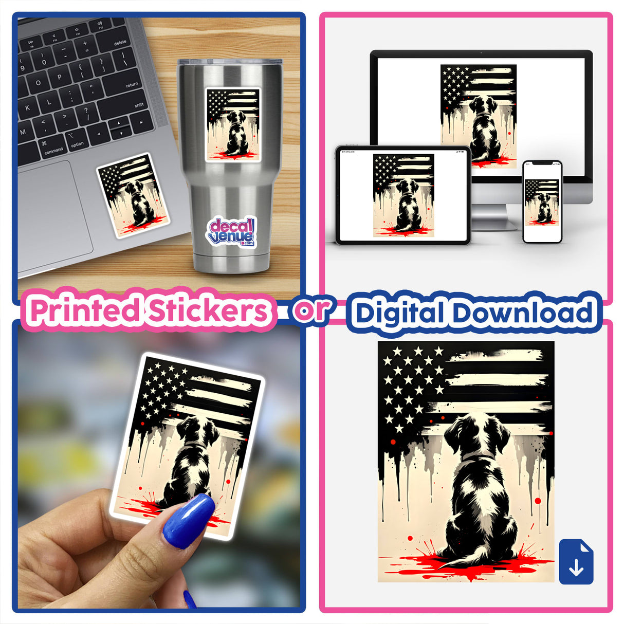Collage featuring a laptop adorned with A Cute Puppy Looks At The American Flag sticker, showcasing Decal Venue's unique vinyl sticker collection.