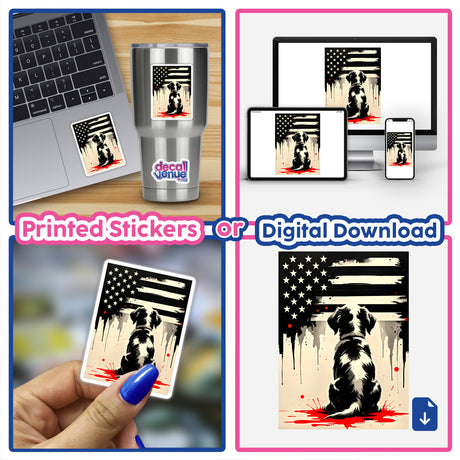 Collage featuring a laptop adorned with A Cute Puppy Looks At The American Flag sticker, showcasing Decal Venue's unique vinyl sticker collection.