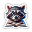 Raccoon With Reading Glasses Open Book: A cartoon raccoon, wearing glasses, engrossed in an open book. Available as unique stickers or digital artwork from Decal Venue.