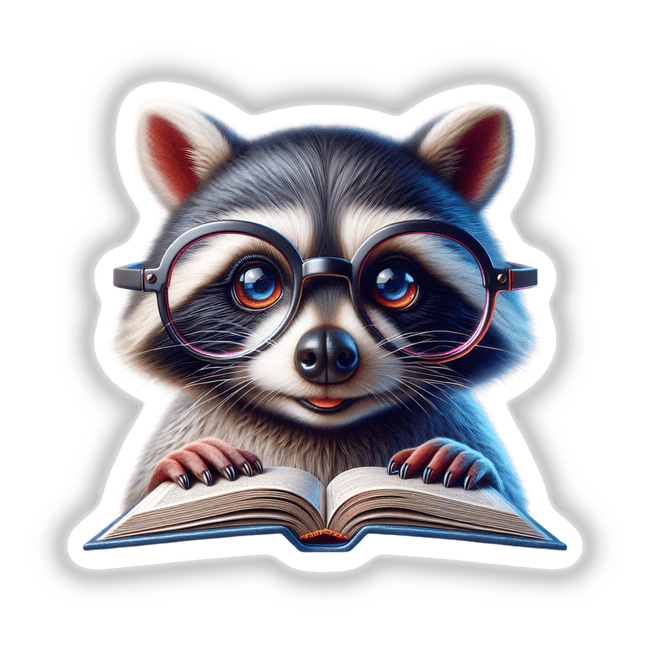 Raccoon With Reading Glasses Open Book: A cartoon raccoon, wearing glasses, engrossed in an open book. Available as unique stickers or digital artwork from Decal Venue.