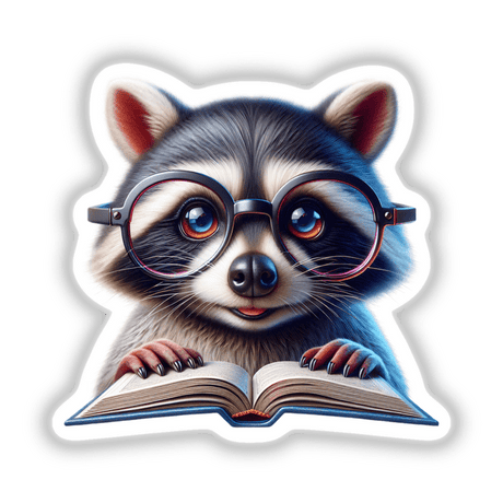 Raccoon With Reading Glasses Open Book: A cartoon raccoon, wearing glasses, engrossed in an open book. Available as unique stickers or digital artwork from Decal Venue.