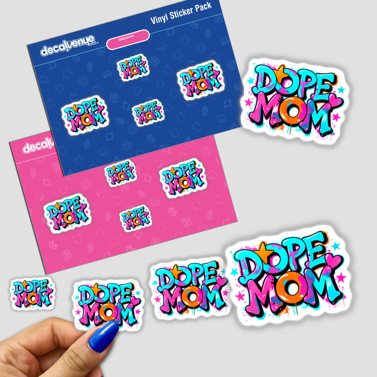 Dope Mom sticker pack featuring vibrant graffiti-inspired designs, perfect for adding flair to notebooks or as digital artwork from Decal Venue's unique collection.