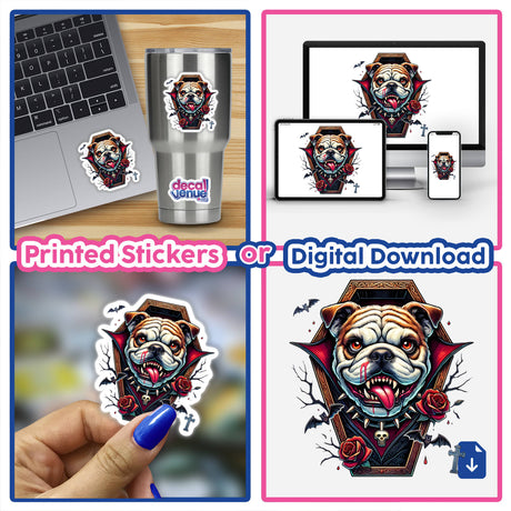 Detailed image of a scary bulldog vampire character with menacing expression and Halloween-themed graphics, presented as printed stickers or digital download options for Decal Venue's unique digital art and sticker products.