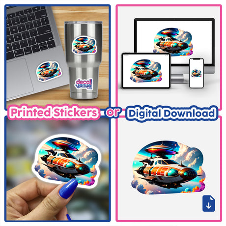 Collage featuring A Cool Retro Spaceship as a sticker on a laptop and digital artwork, highlighting a cartoon spaceship theme available from Decal Venue's unique collection.