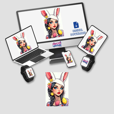 a laptop, phone, and other electronic devices with stickers on them