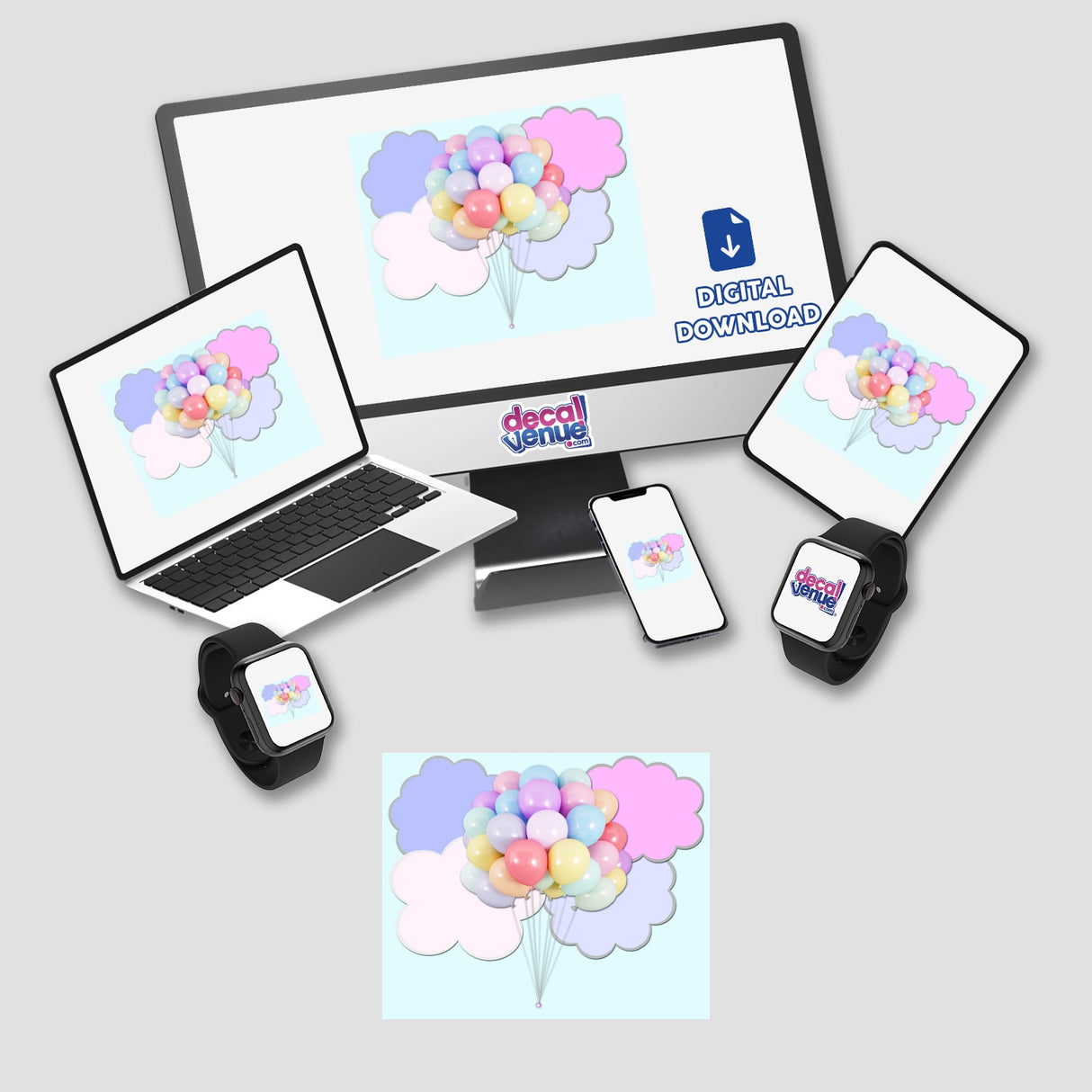 Pastel balloons floating in blue sky with pink and lavender clouds, displayed on various digital devices from the Decal Venue online store.