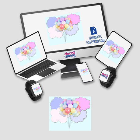 Pastel balloons floating in blue sky with pink and lavender clouds, displayed on various digital devices from the Decal Venue online store.