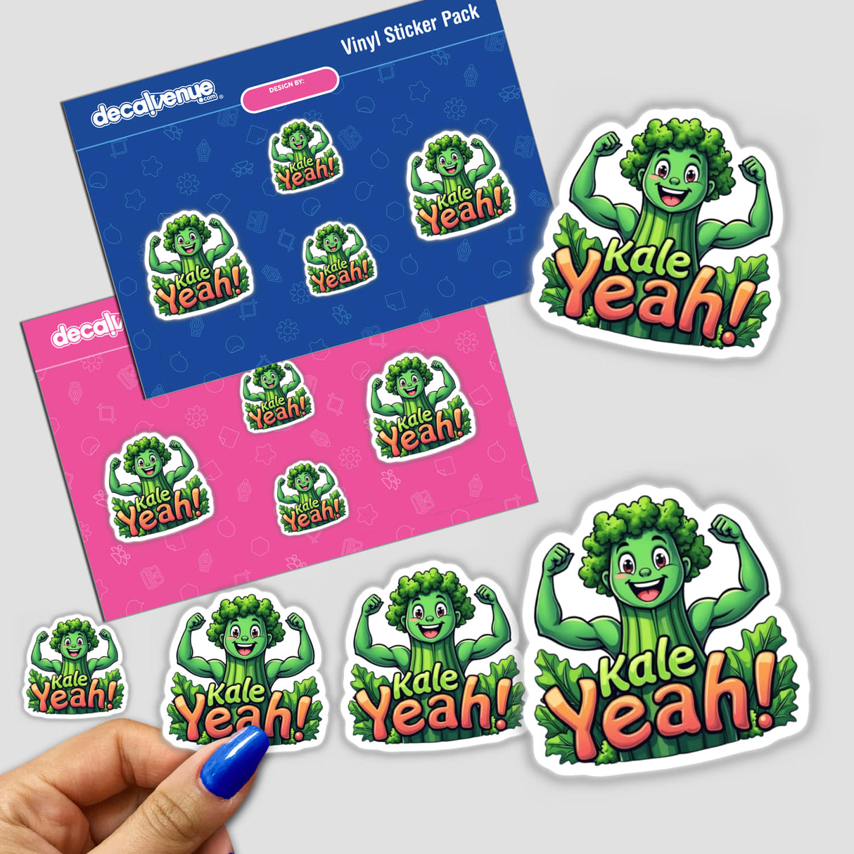 Kale Yeah! - Fun Design for Veggie and Health Food Lovers features cartoon characters with green hair and broccoli, available as stickers or digital artwork with commercial rights.