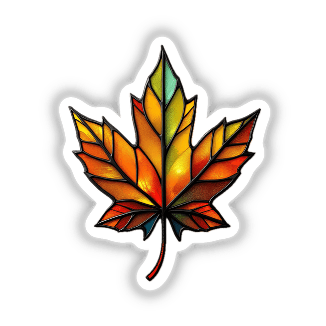 Maple Leaf Stained Glass Style artwork, featuring a vibrant leaf design available as stickers or digital art, highlighting the creativity and uniqueness typical of Decal Venue's collection.