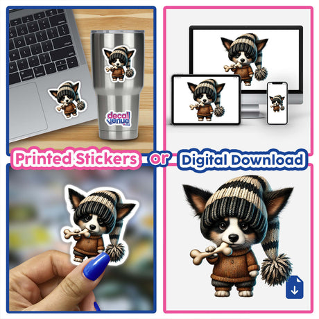 Border Collie Gnome holding a dog bone, depicted in various stickers and digital artwork.