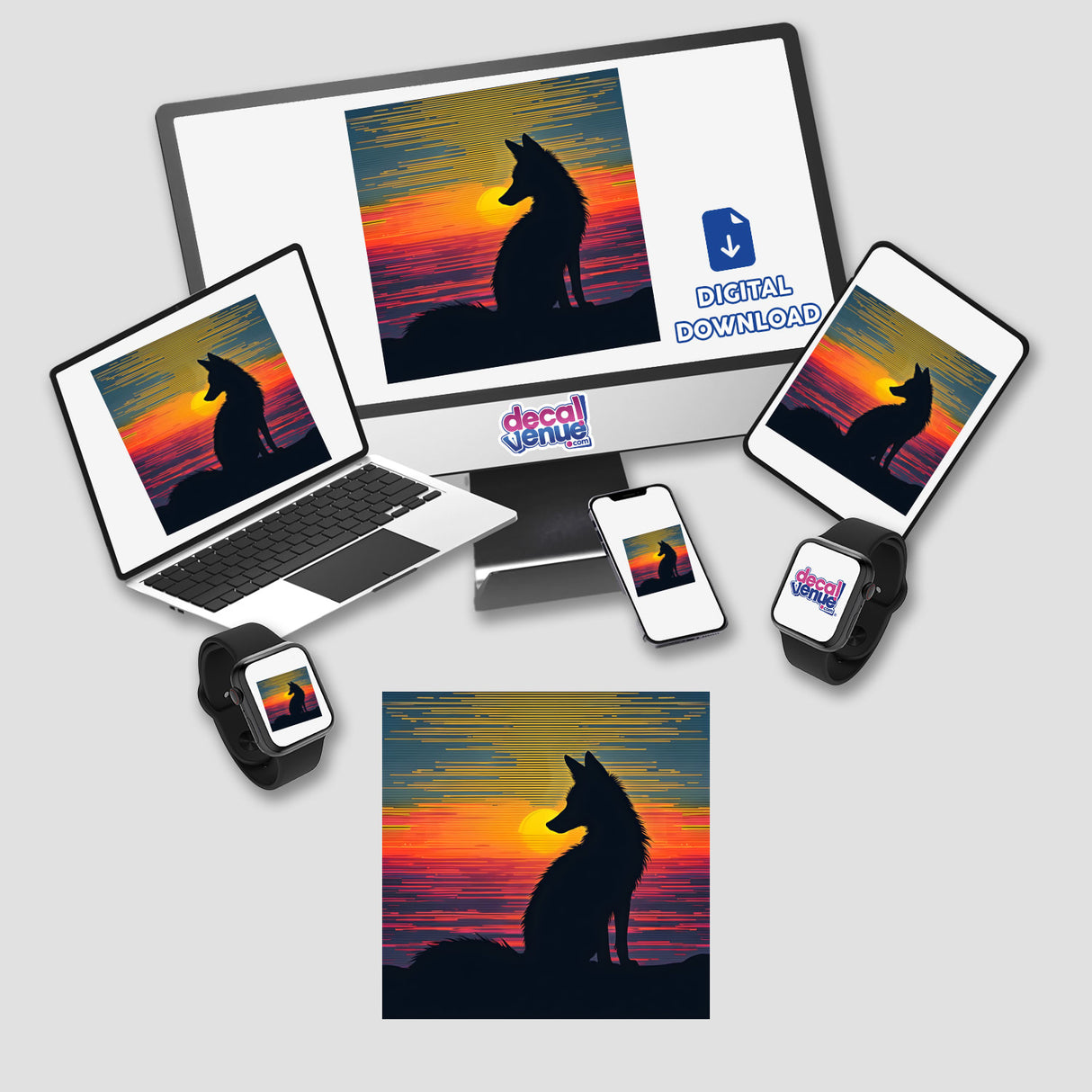 Fox Silhouette with Vibrant Stripes displayed on electronic devices, including a computer monitor and laptop, showcasing the design's versatility as stickers or digital artwork.
