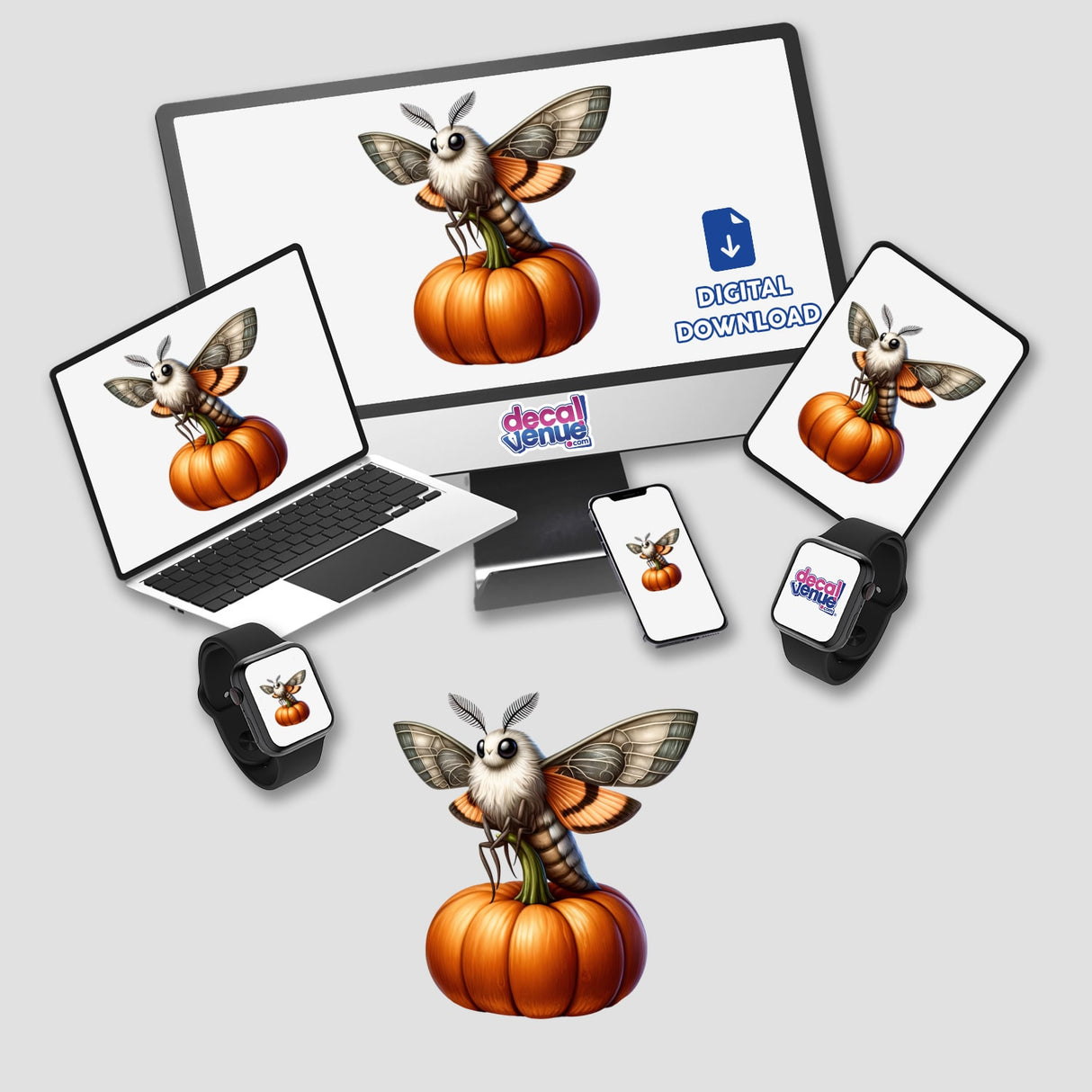 Moth Perched on a Pumpkin: A digital artwork or sticker depicting a detailed moth resting on an intricately designed pumpkin, available from Decal Venue.