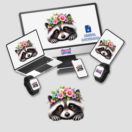 Cute Raccoon with a Colorful Flower Crown displayed on a laptop screen, perfect for vibrant stickers or digital artwork, reflecting Decal Venue's unique style.