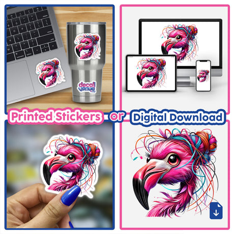 Pink Flamingo with Messy Hair Yarn Bun sticker collage, featuring whimsical flamingo designs, highlighting quirky art perfect for adding unique flair to devices or spaces.