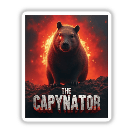 The Capynator Sticker or Clipart features a comical capybara with a robotic twist, parodying a movie poster, perfect for stickers or digital art with commercial rights.