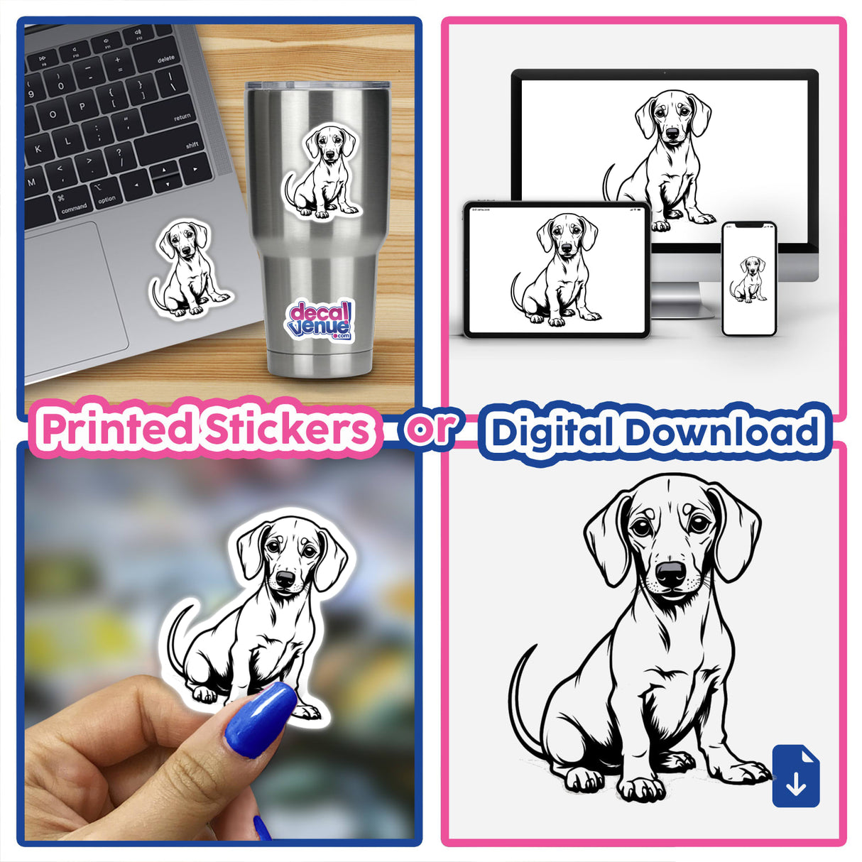 Adorable Dachshund Clipart Outline featured on a collage of stickers and digital artwork, including a person with a painted fingernail holding a sticker and a laptop screen displaying the dog illustration.