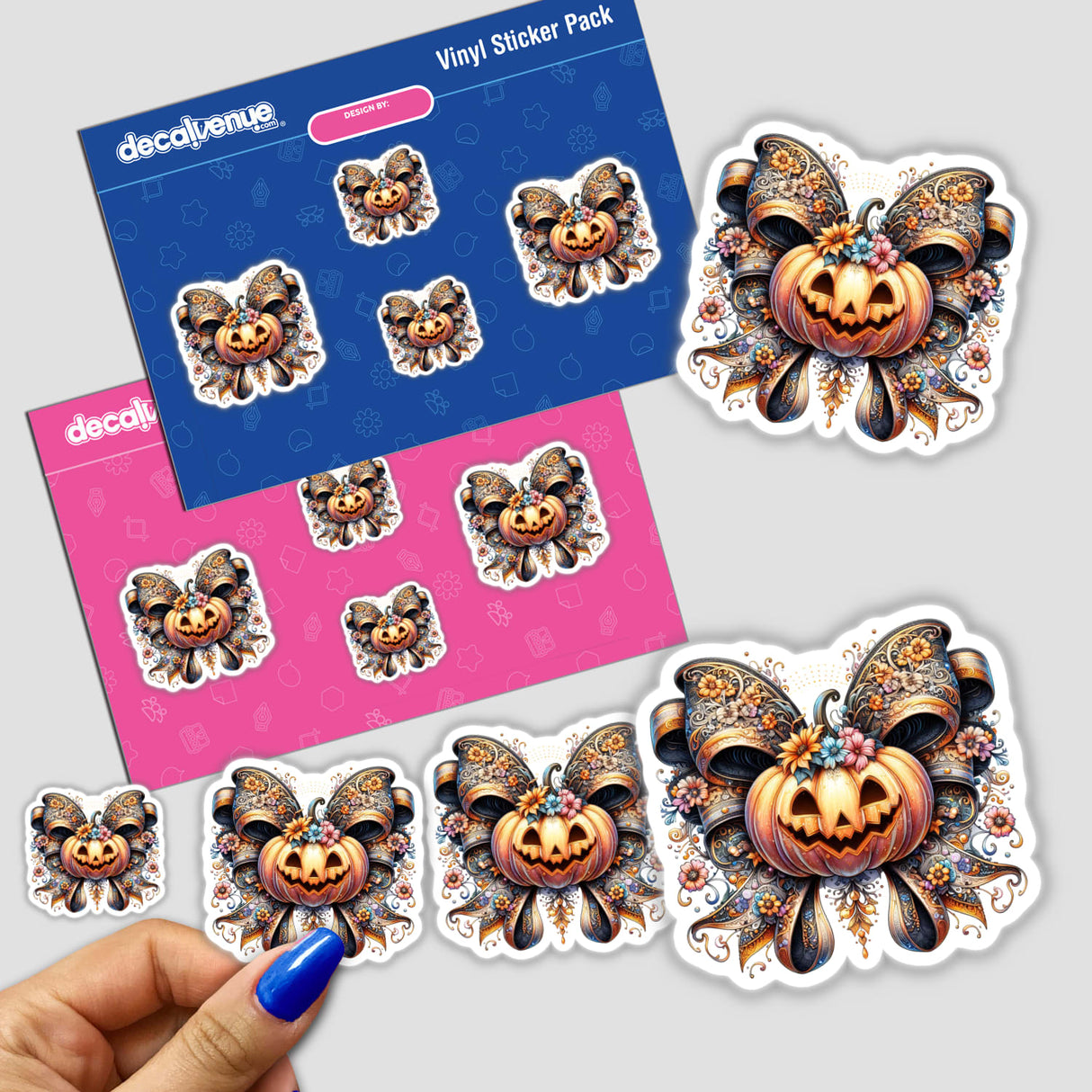 Floral Coquette Pumpkin Bow stickers feature pumpkins adorned with flowers and bows, presented in a sticker pack. Perfect for adding a touch of charm and elegance to any surface.